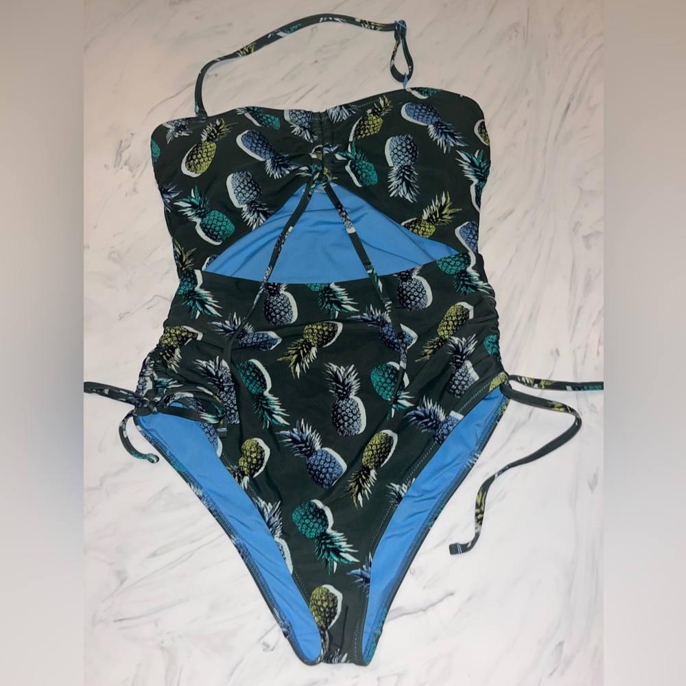 Aerie pineapple cutout monokini Halter one piece bathing suit swim m green